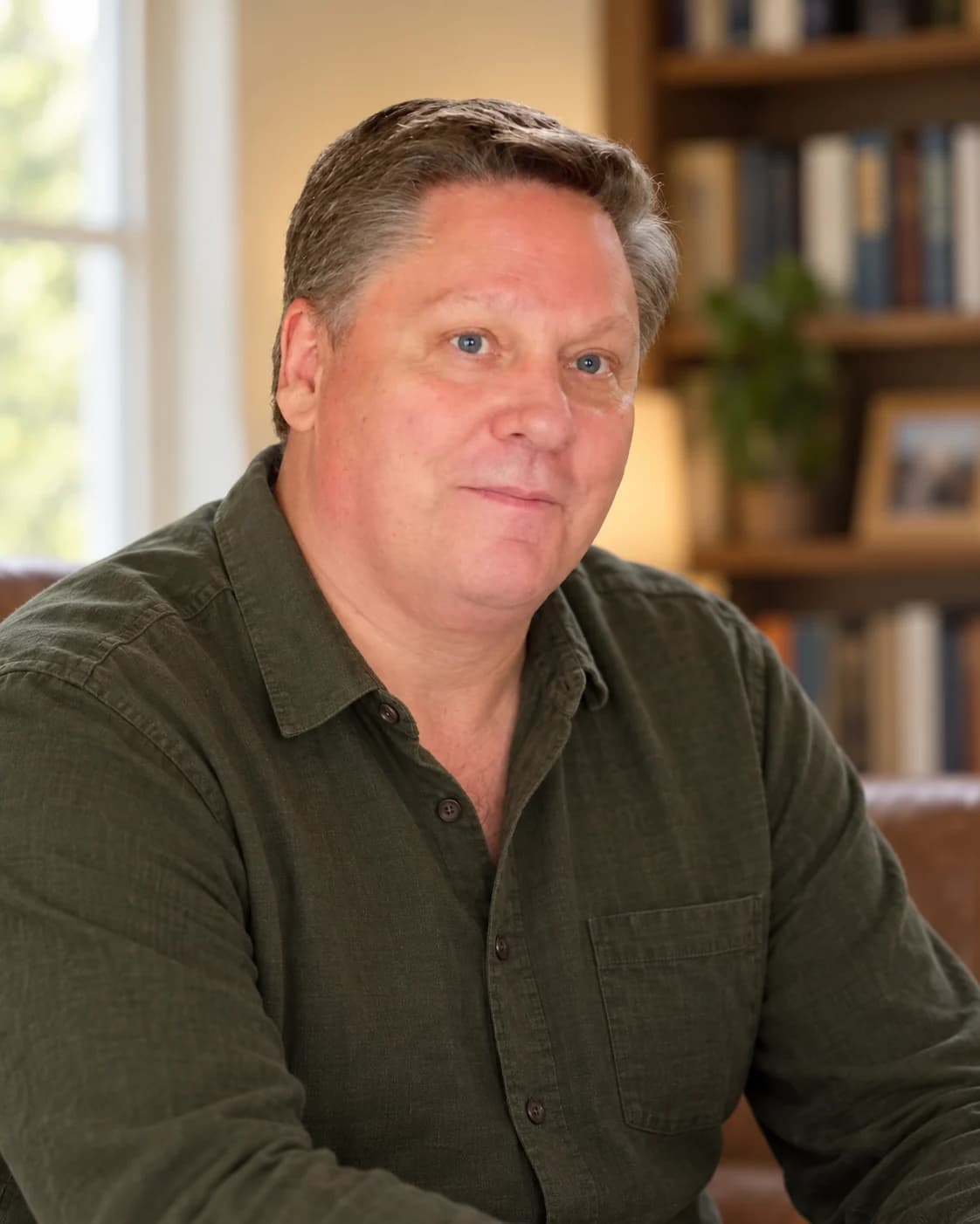 AI-assisted editorial portrait of Robert Hollis in a softly lit study
