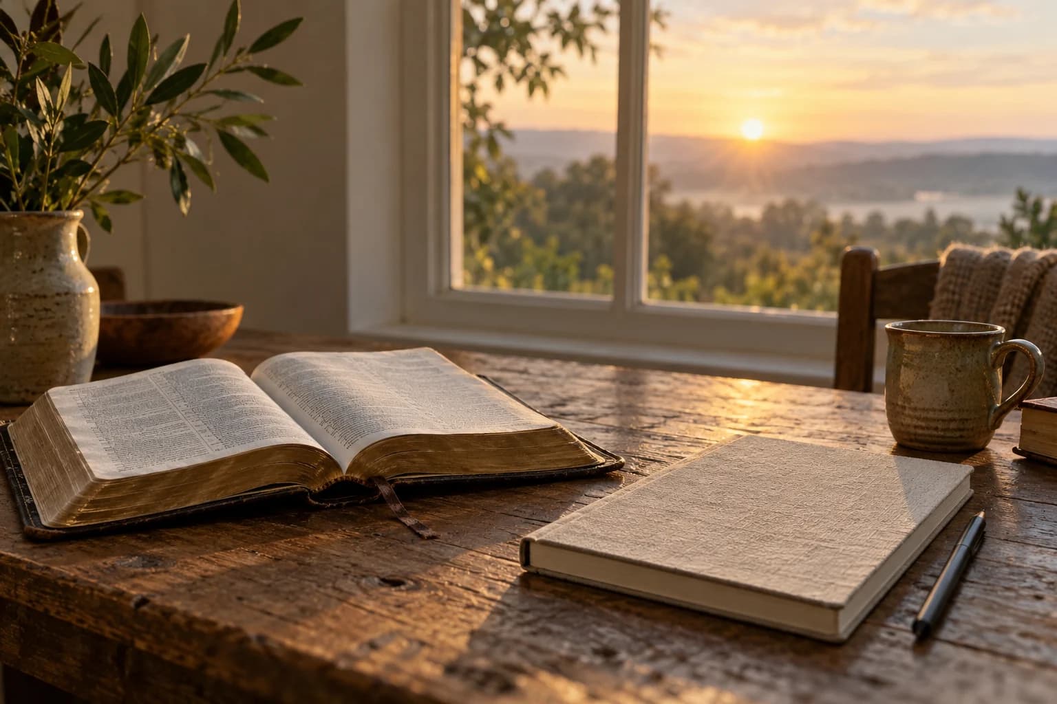 Illustrative dawn scene with an open Bible and a journal for quiet reflection