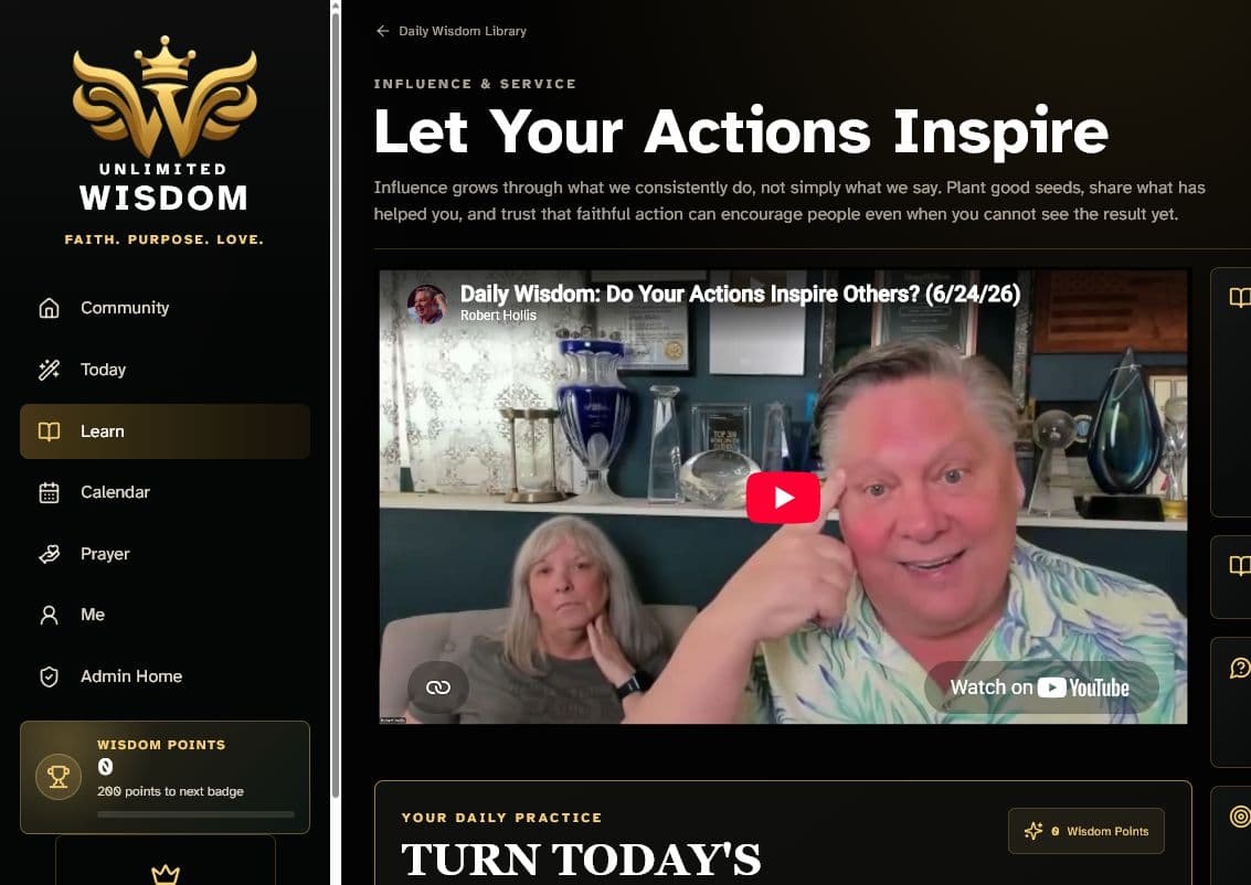 Daily Wisdom screen showing Robert’s Let Your Actions Inspire teaching and daily practice